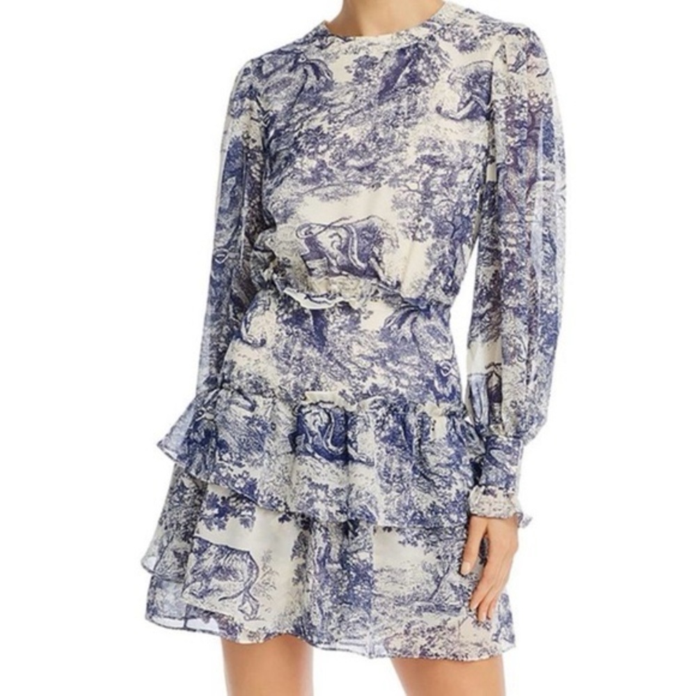 Aqua Blue and White Long Sleeve Tiered Ruffle Dress